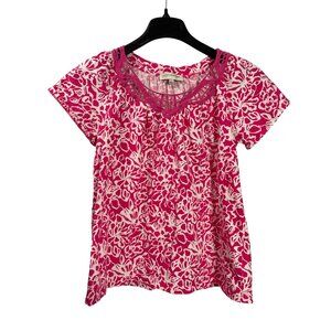 Jones New York Sport Pink White Floral Print Short Sleeve Top L Crochet Lace